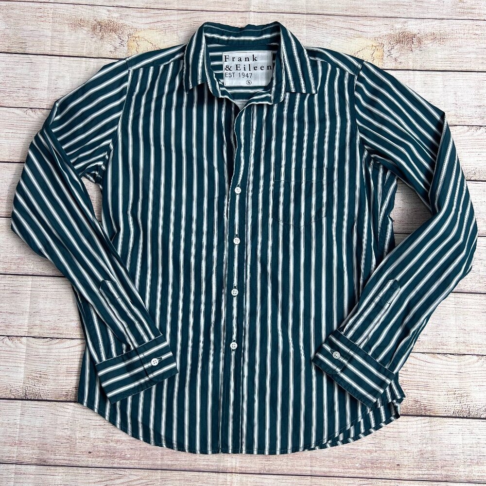 Frank & Eileen "Barry" Button-Down Shirt Teal Green Stripe Size Small 100%Cotton